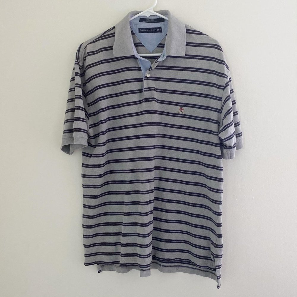 Tommy Hilfiger Gray Navy Striped Polo Shirt Men's Large